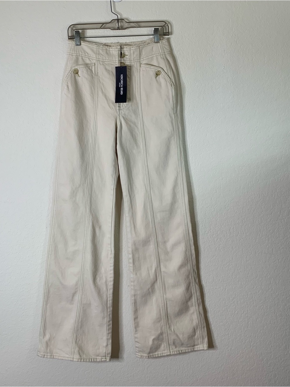 Veronica Beard Cream Wide-Leg Jeans with Gold-Tone Zippers